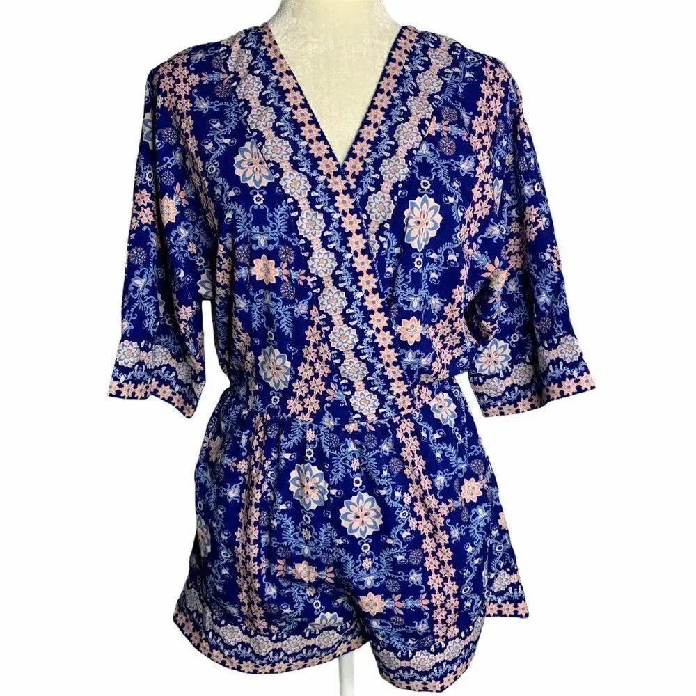 Japna Surplice Floral Shorts Romper S Blue Pockets
